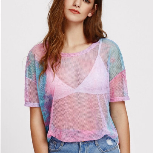 Pastel Tie Dye Print Drop Shoulder Fishnet Top - Picture 2 of 4